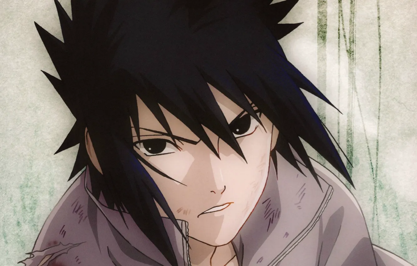 Фото обои портрет, серый фон, Naruto, рваная одежда, ссадины, Sasuke uchiha, взгряд, Наруто Ураганные хроники