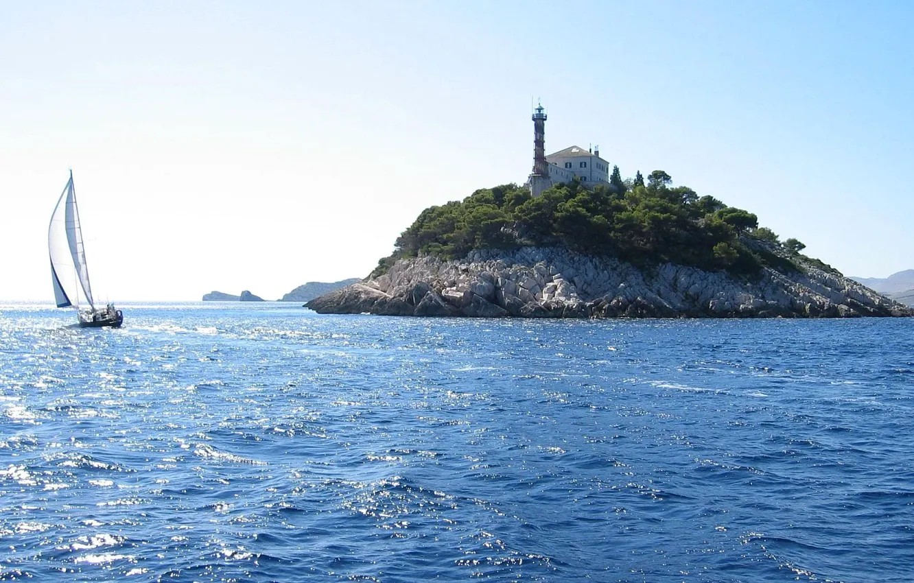 Фото обои море, небо, скала, лодка, маяк, остров, парус