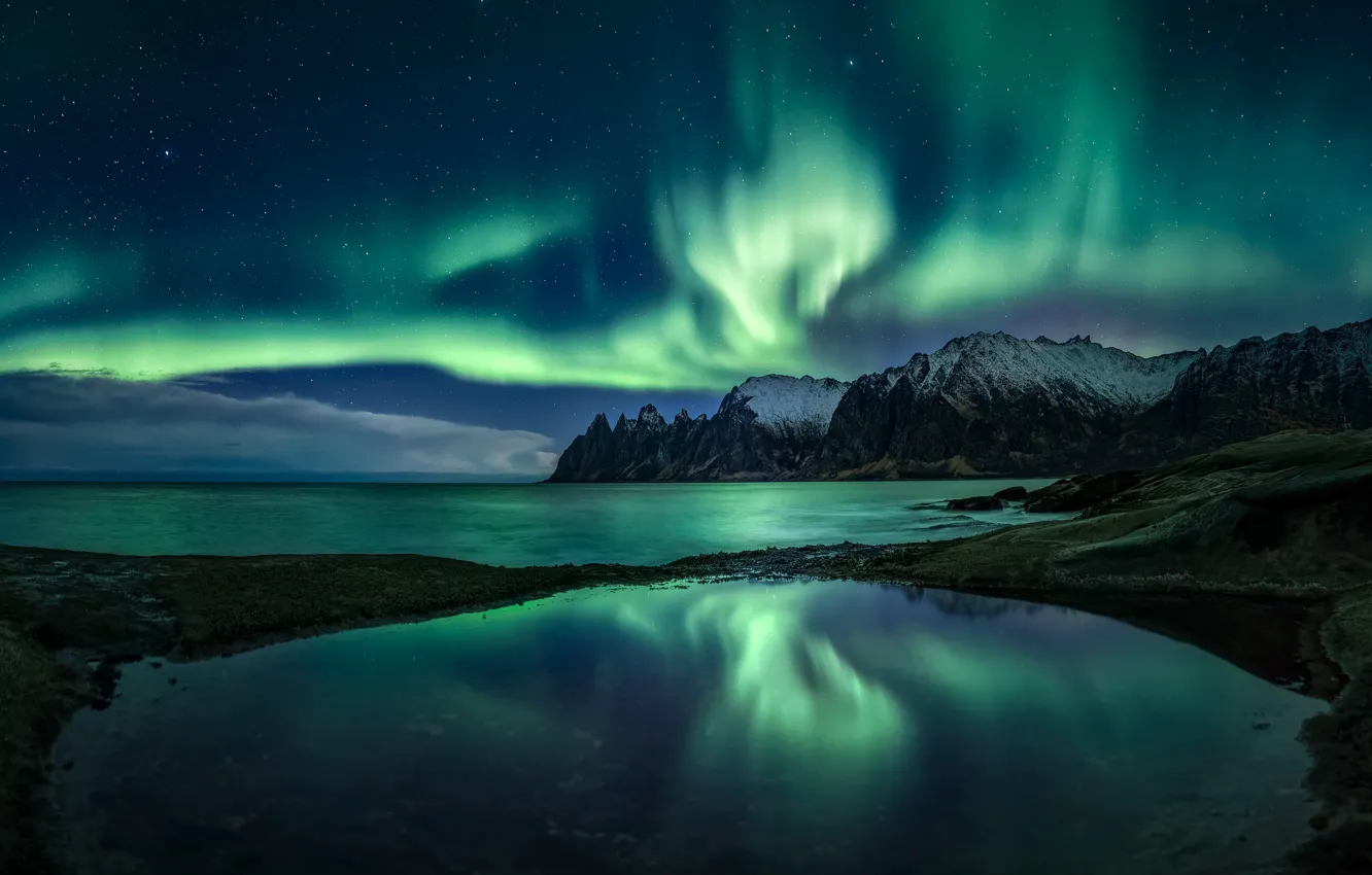 Фото обои северное сияние, Норвегия, Norway, Troms Fylke, Senjahopen
