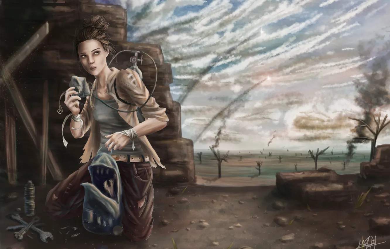 Фото обои взгляд, девушка, дым, разрушения, арт, рюкзак, прячется, кислород