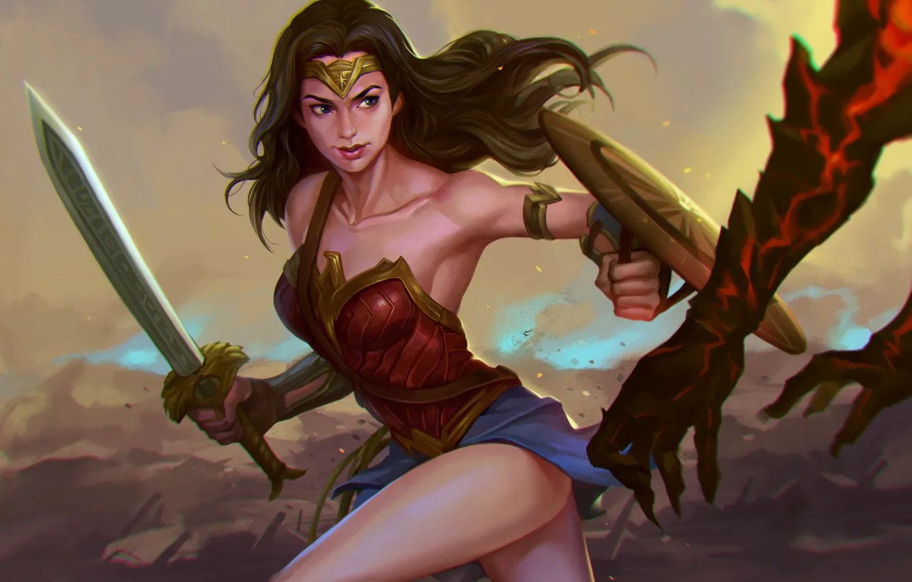 Фото обои Девушка, Меч, Wonder Woman, Арт, Щит, DC Comics, Диана, Diana