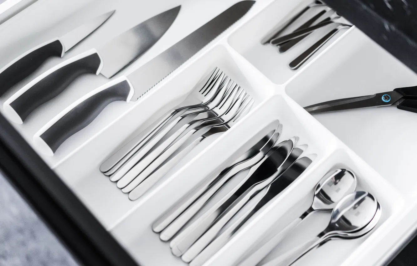 Фото обои cutlery, knives, drawer, forks