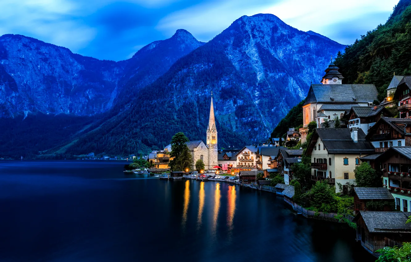 Фото обои горы, озеро, дома, Австрия, Альпы, Austria, Hallstatt, Alps