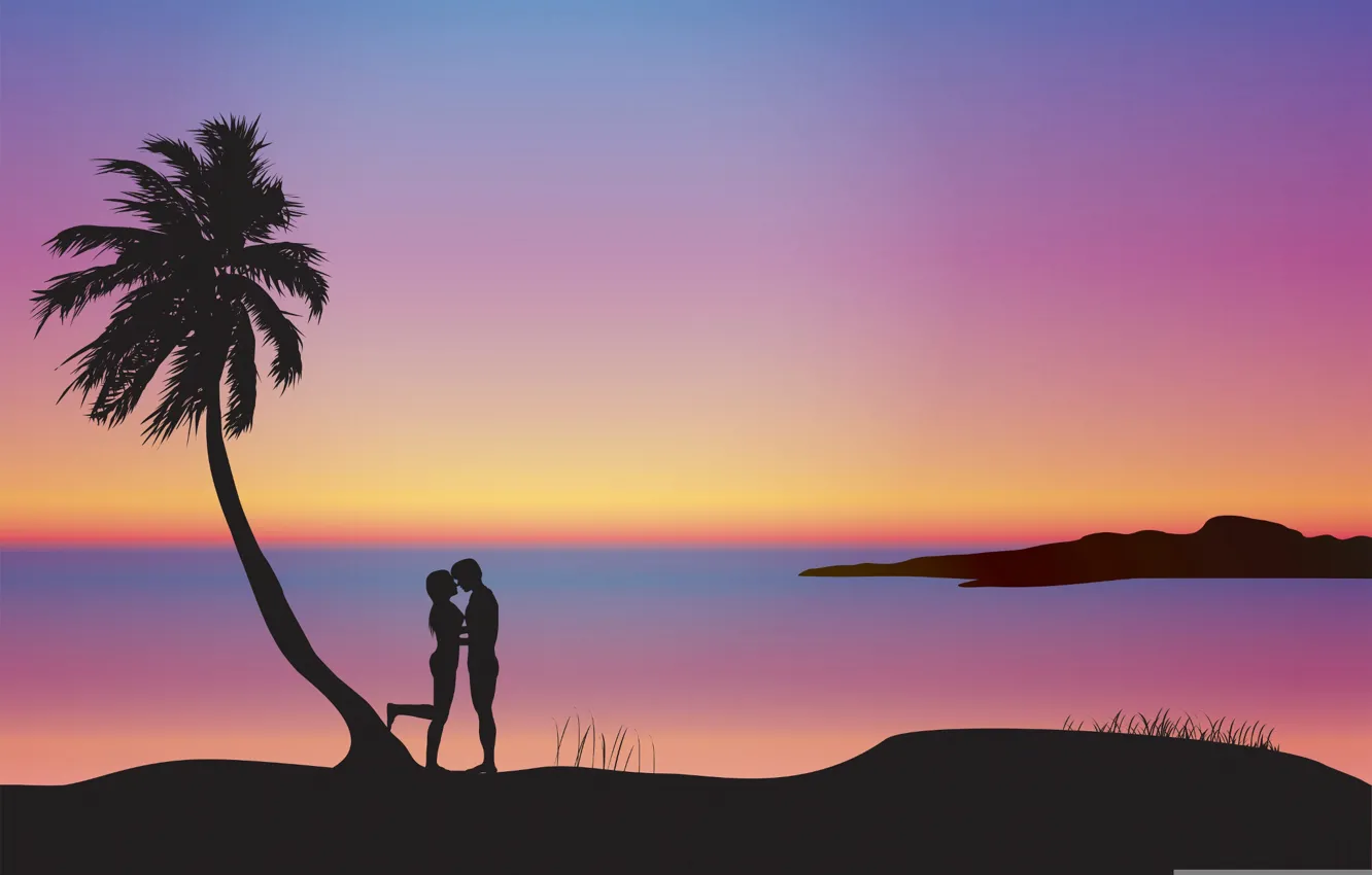 Фото обои закат, пальма, романтика, пара, силуэты, влюблённые, композиция