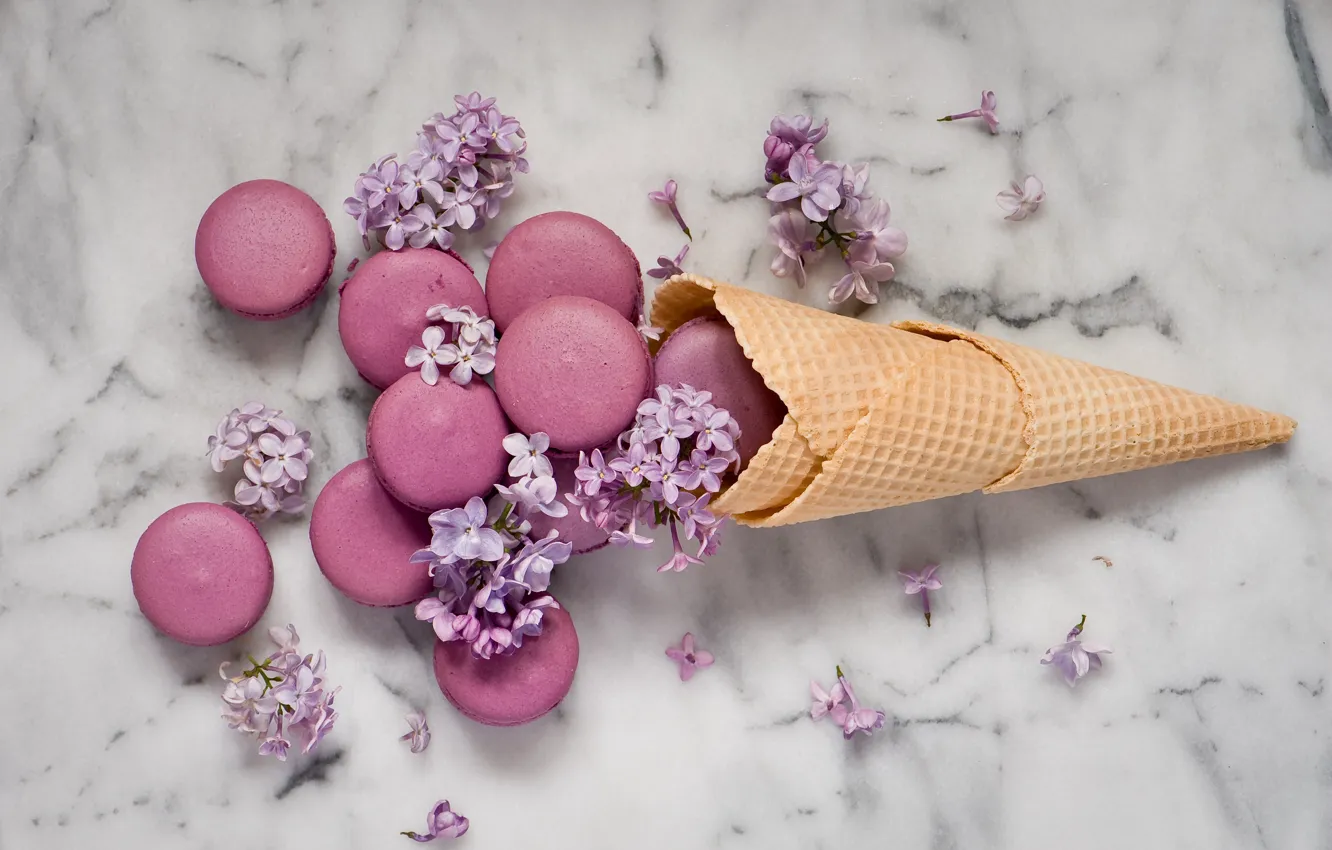 Фото обои цветы, Сирень, sweet, dessert, Печенье, Anna Verdina, macaron, вафельный рожок