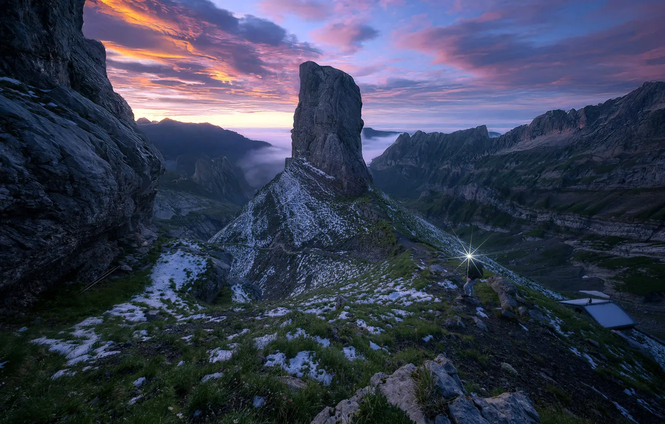 Фото обои закат, горы, Швейцария, сумерки, Switzerland, Mountain, Sunset, Dusk