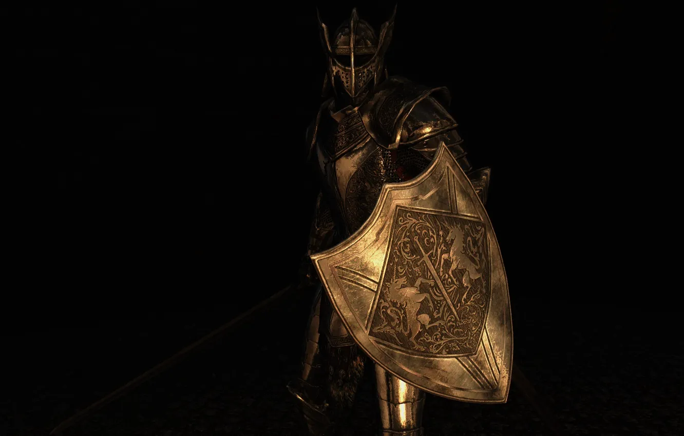 Фото обои рендеринг, фон, меч, доспехи, воин, шлем, щит