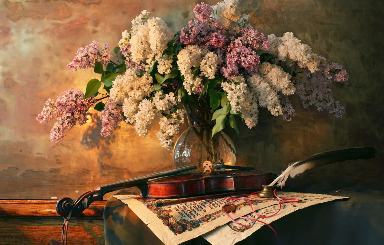 Фото обои стиль, перо, скрипка, букет, натюрморт, сирень, Андрей Морозов