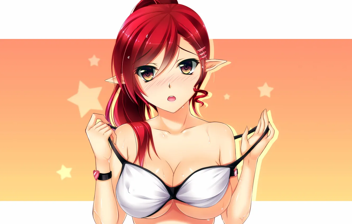 Фото обои girl, sexy, wet, cleavage, red hair, long hair, boobs, anime