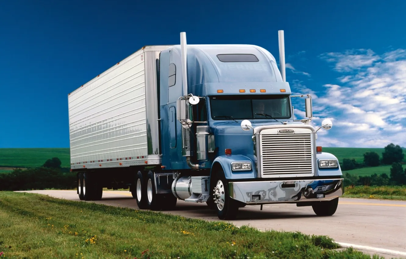 Фото обои небо, трава, грузовик, Classic, передок, track, тягач, Freightliner