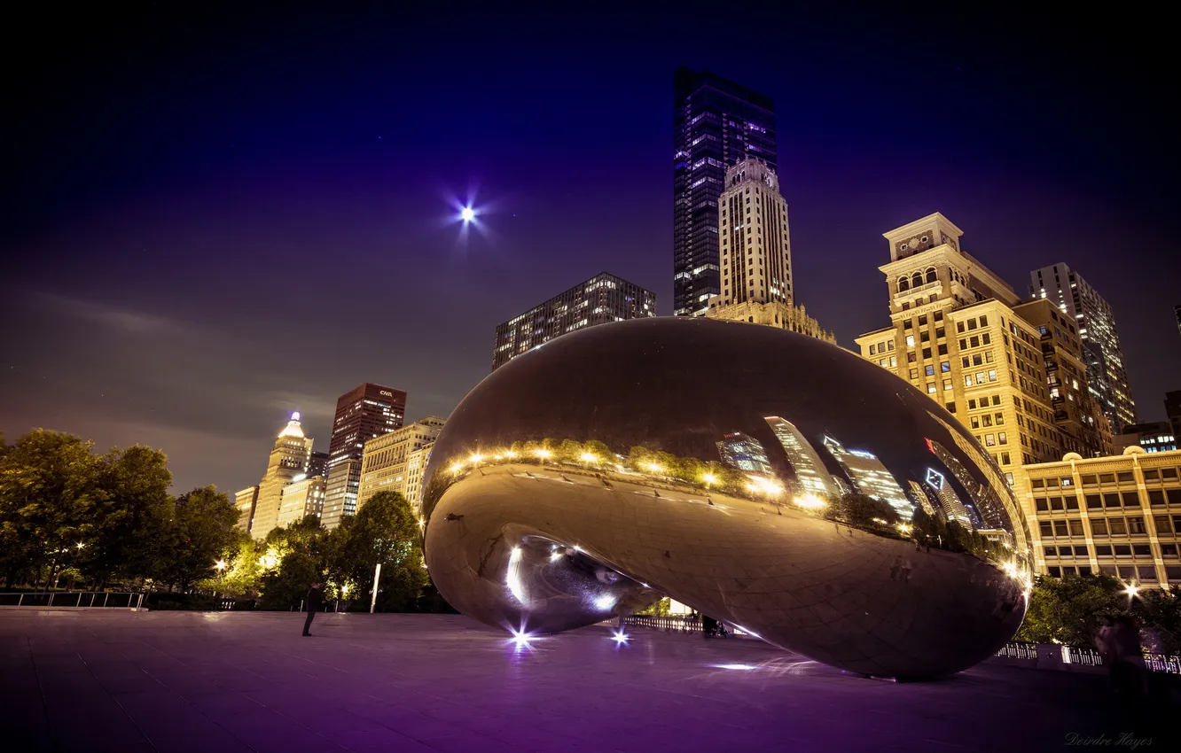 Фото обои ночь, город, парк, Chicago, монумент, Millenium Park, The Bean