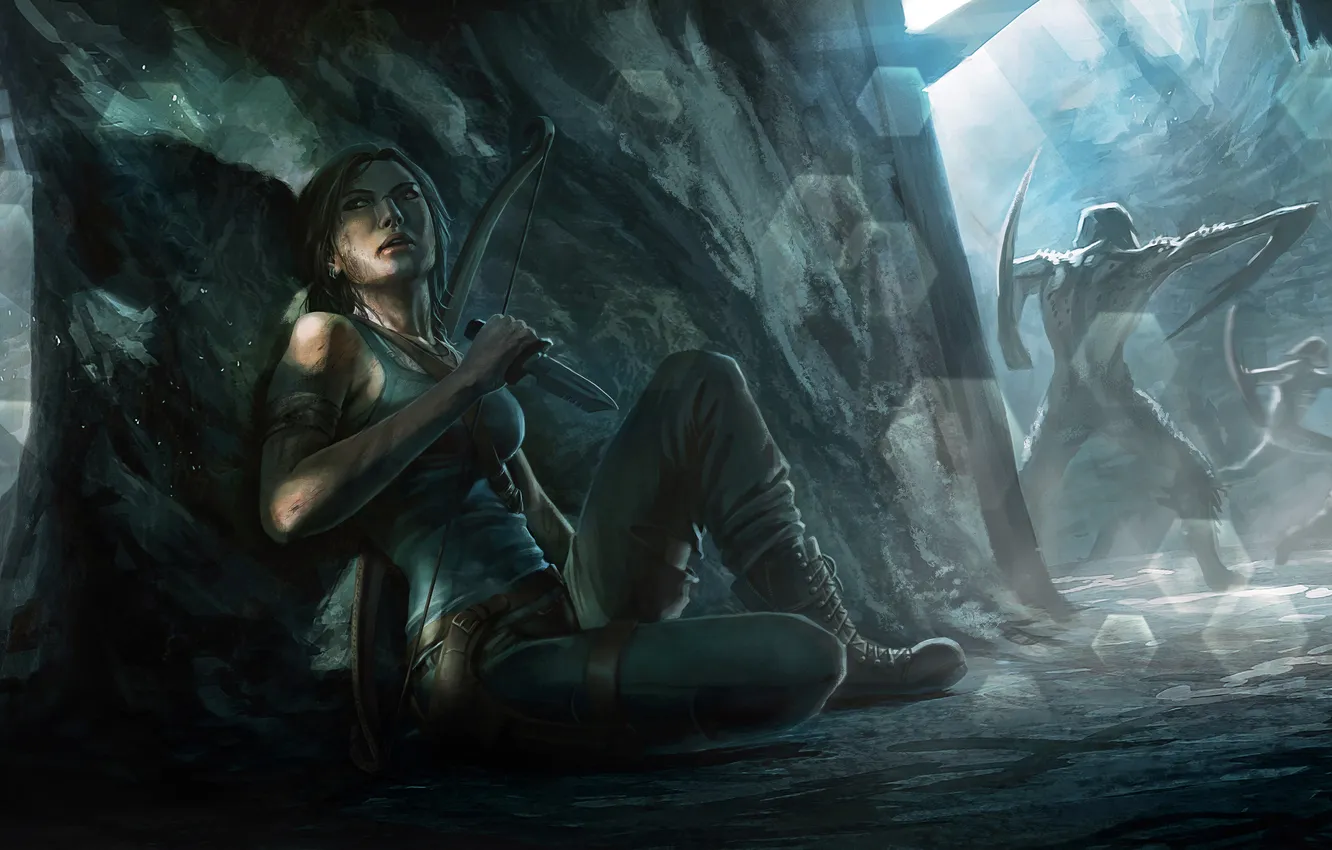 Фото обои девушка, монстры, Tomb Raider, пещера, лара крофт