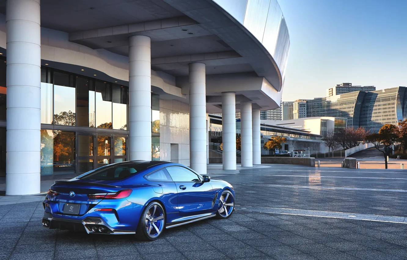 Фото обои BMW, City, Blue, Coupe, xDrive, Rear, 3D Design, BMW 8 Series