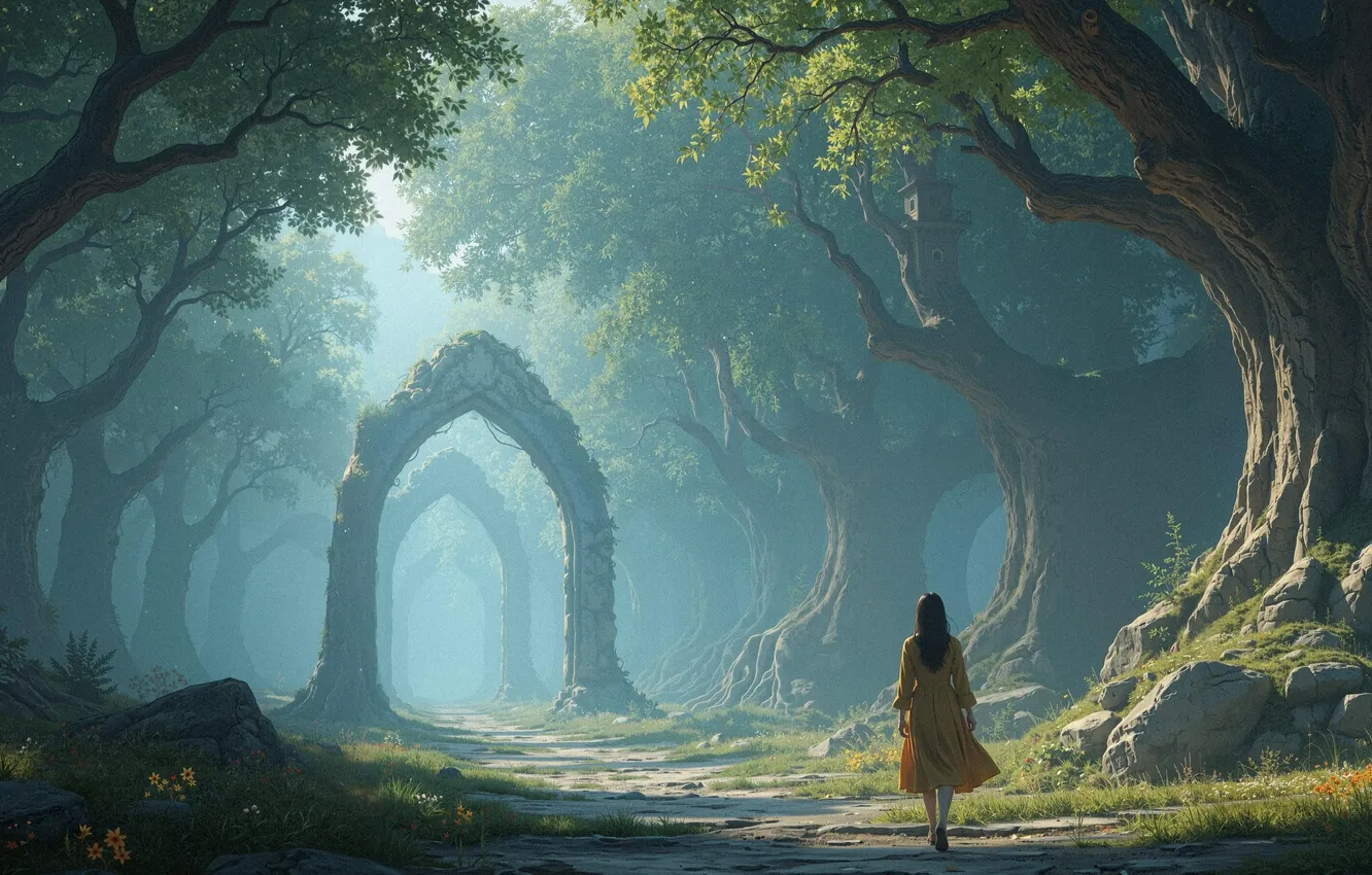 Фото обои лес, девушка, арка, girl, forest, New batch, Ultrawide Wallpapers