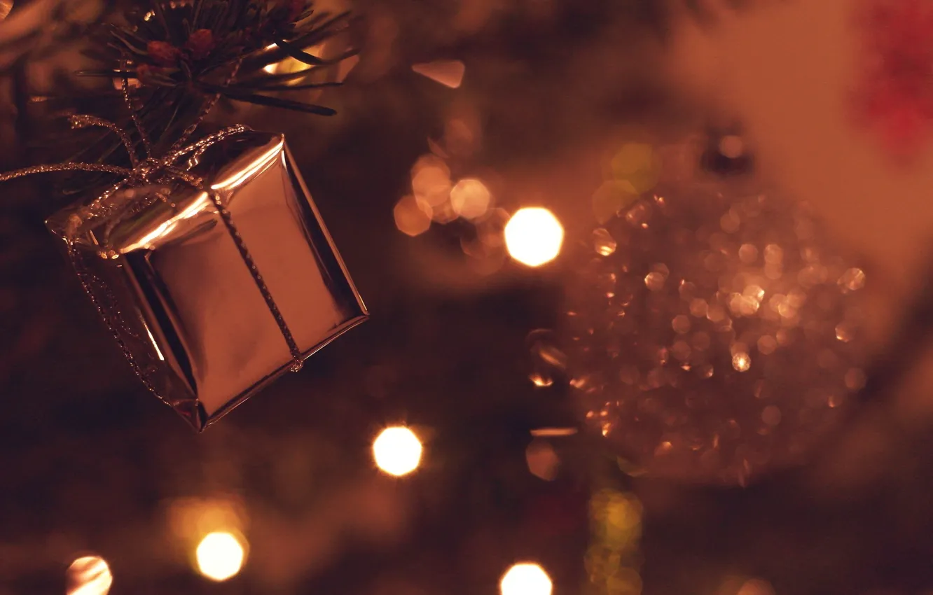 Фото обои огни, фон, праздник, коробка, подарок, widescreen, обои, новый год