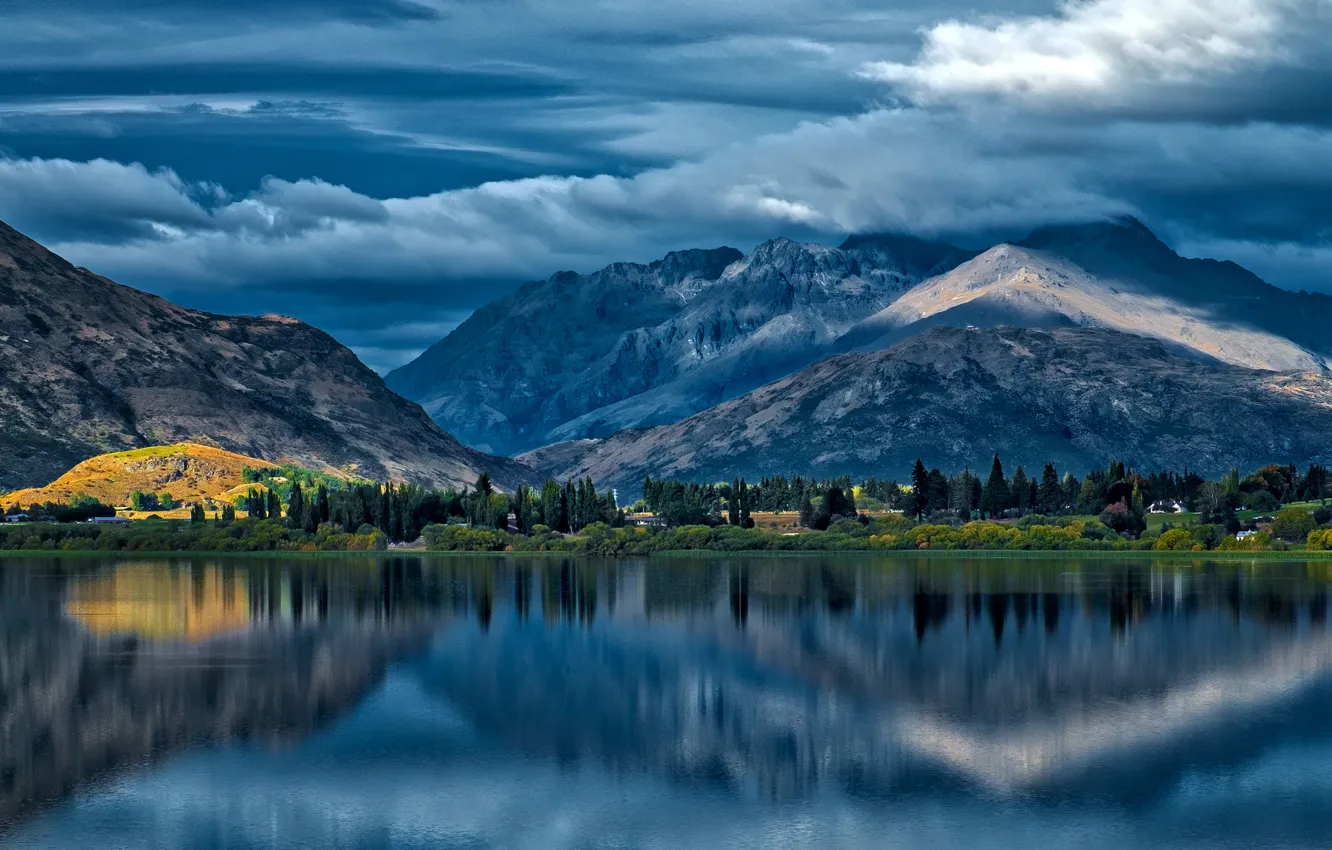 Фото обои облака, горы, озеро, отражение
