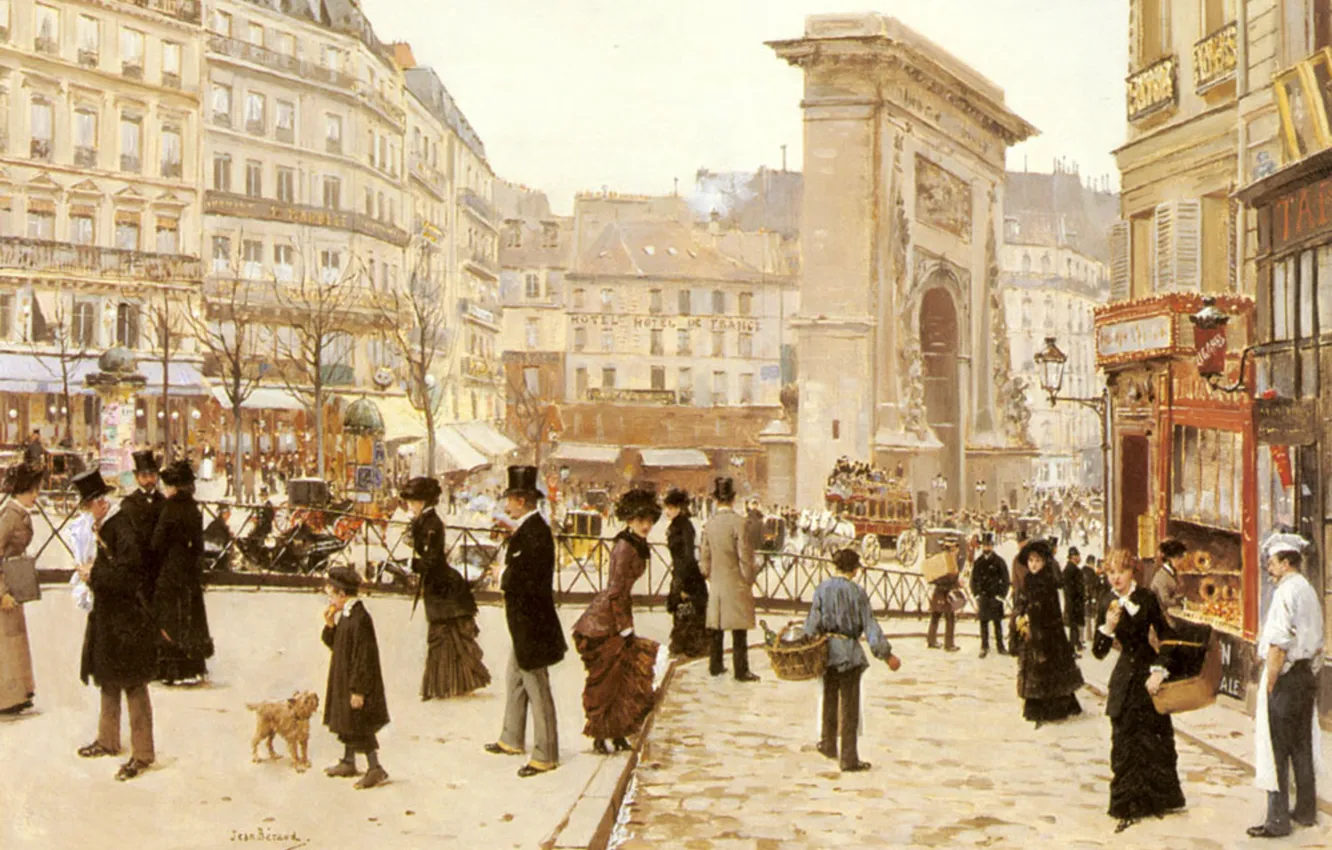 Фото обои Париж, площадь, Тримфальная арка, парижане