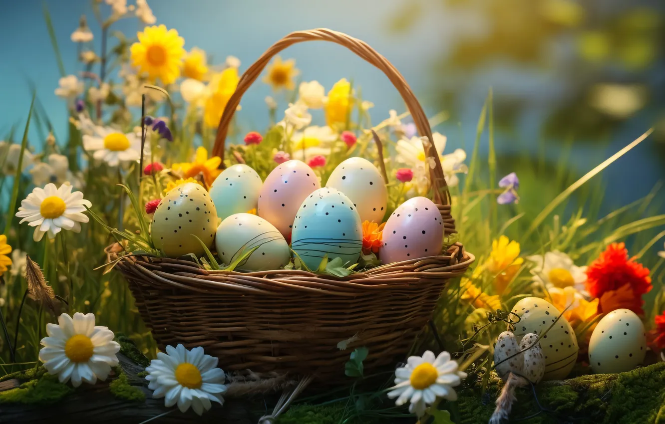 Фото обои цветы, flowers, spring, eggs, happy, Пасха, яйца, Easter