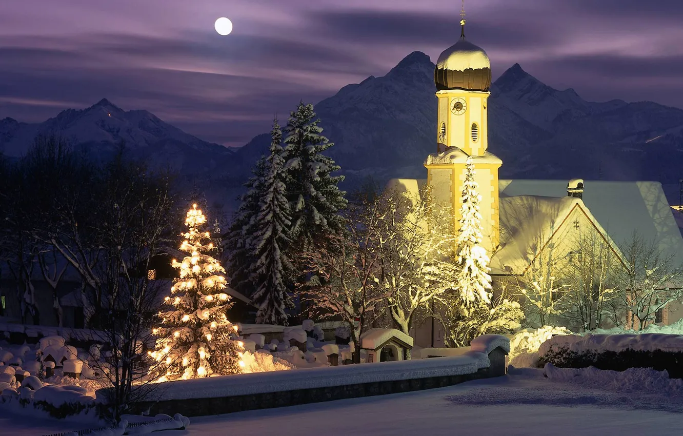 Фото обои горы, ночь, огни, праздник, Германия, Новый Год, Бавария, Рождество