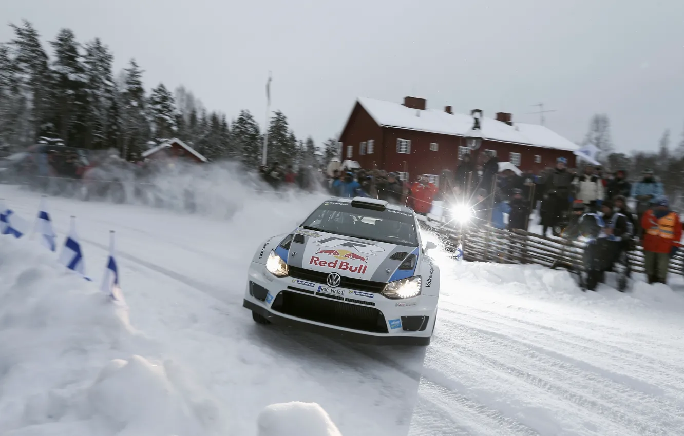 Фото обои Снег, Volkswagen, Люди, Свет, Вспышка, Занос, WRC, Rally