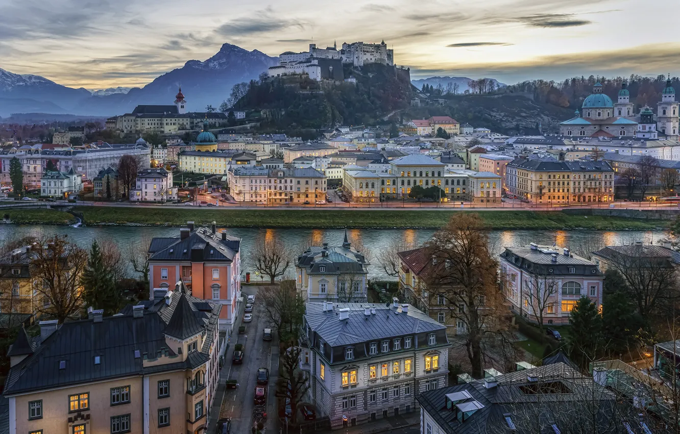 Фото обои горы, улица, дома, вечер, Австрия, панорама, канал, Austria