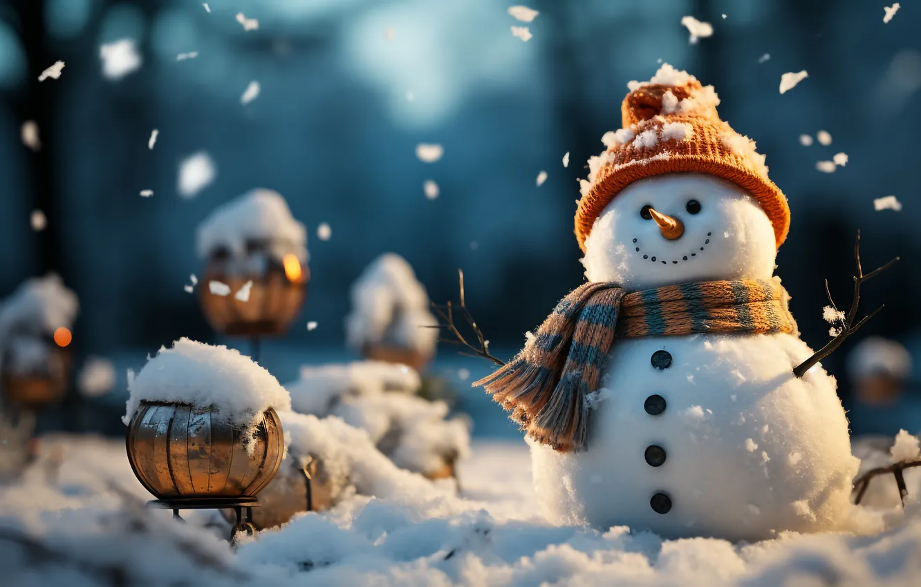 Фото обои зима, снег, Рождество, Новый год, снеговик, Christmas, winter, snow