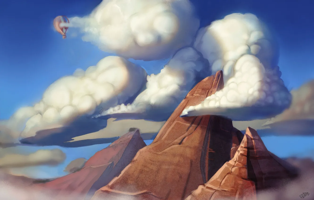 Фото обои облака, горы, воздушный шар, высота, арт, пик