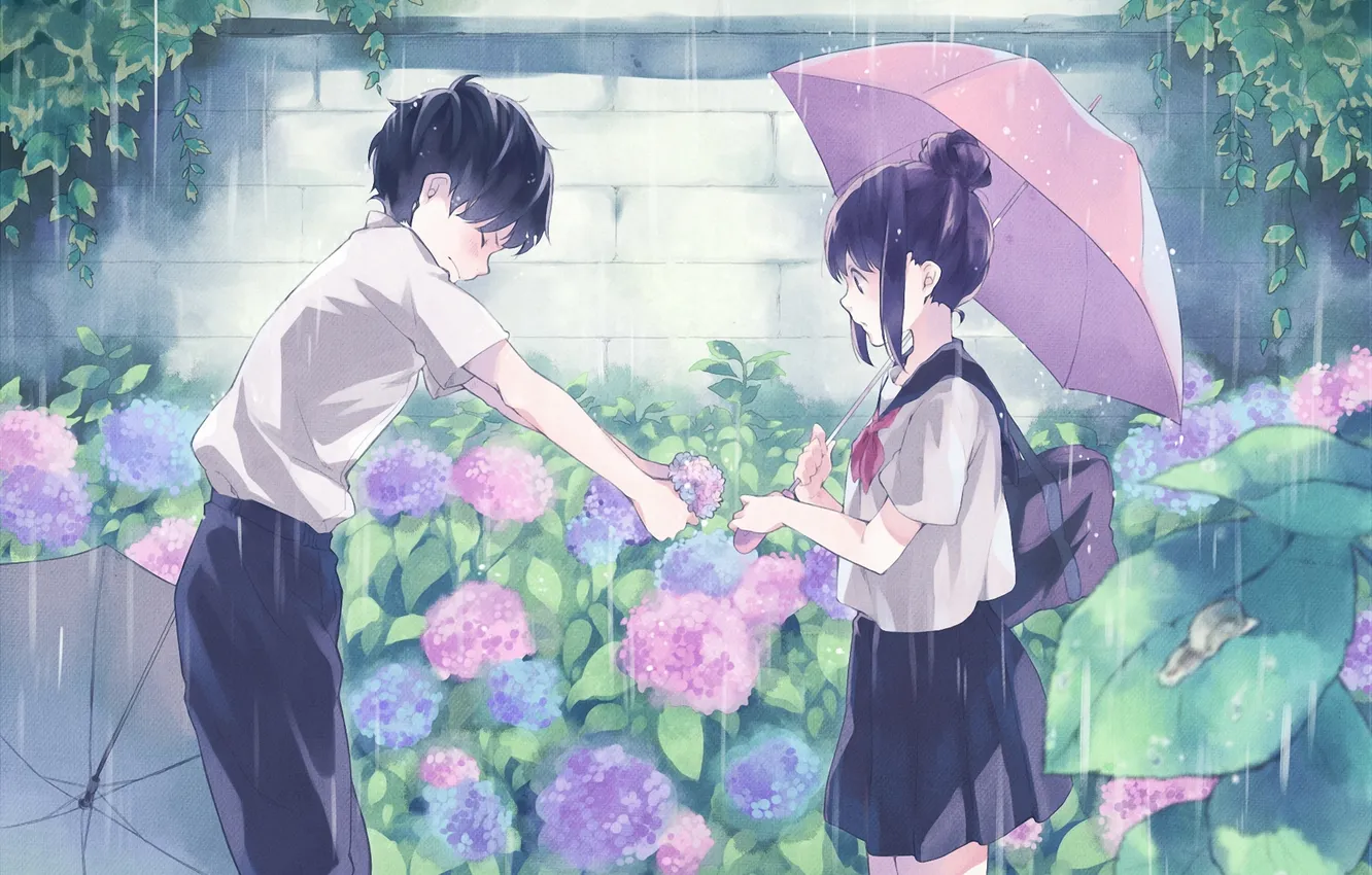 Фото обои девушка, цветы, дождь, арт, сирень, юноша