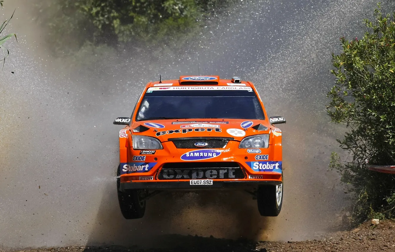 Фото обои Ford, Вода, Оранжевый, Брызги, Focus, ралли, WRC, передок