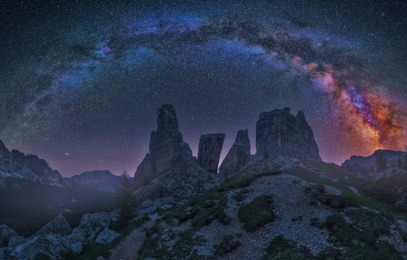 Фото обои звезды, горы, ночь, Млечный путь, Италия, Italy, Milky Way, Доломитовые Альпы