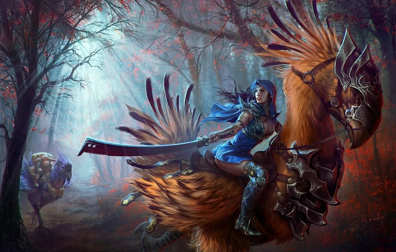 Фото обои sword, fantasy, forest, animals, women-warrior
