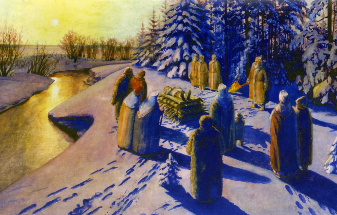 Фото обои солнце, река, язычество, Похороны, сжигание, Лазарев Юрий