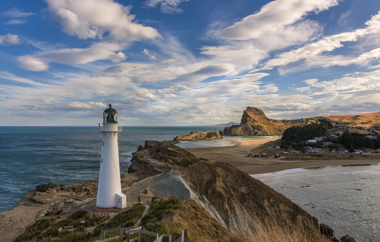 Фото обои побережье, маяк, Новая Зеландия, Castle Point Lighthouse