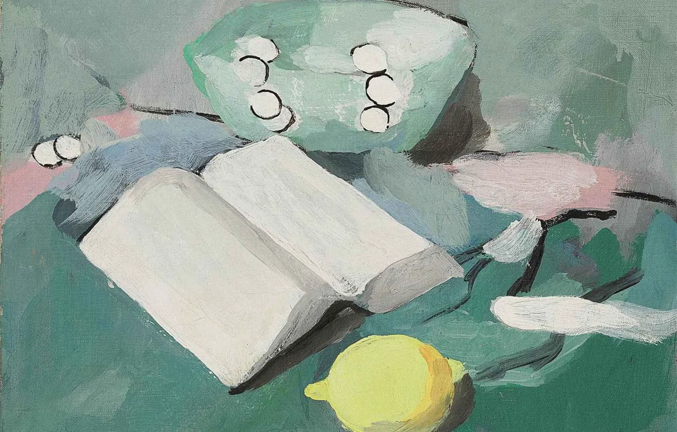 Фото обои Модерн, Мари Лорансен, Натюрморт с книгой, лимоном и жемчугом