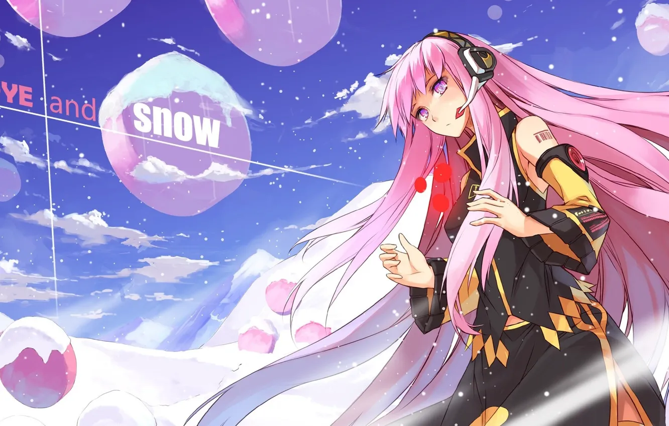 Фото обои небо, облака, снег, магия, наушники, vocaloid, megurine luka, розовые волосы