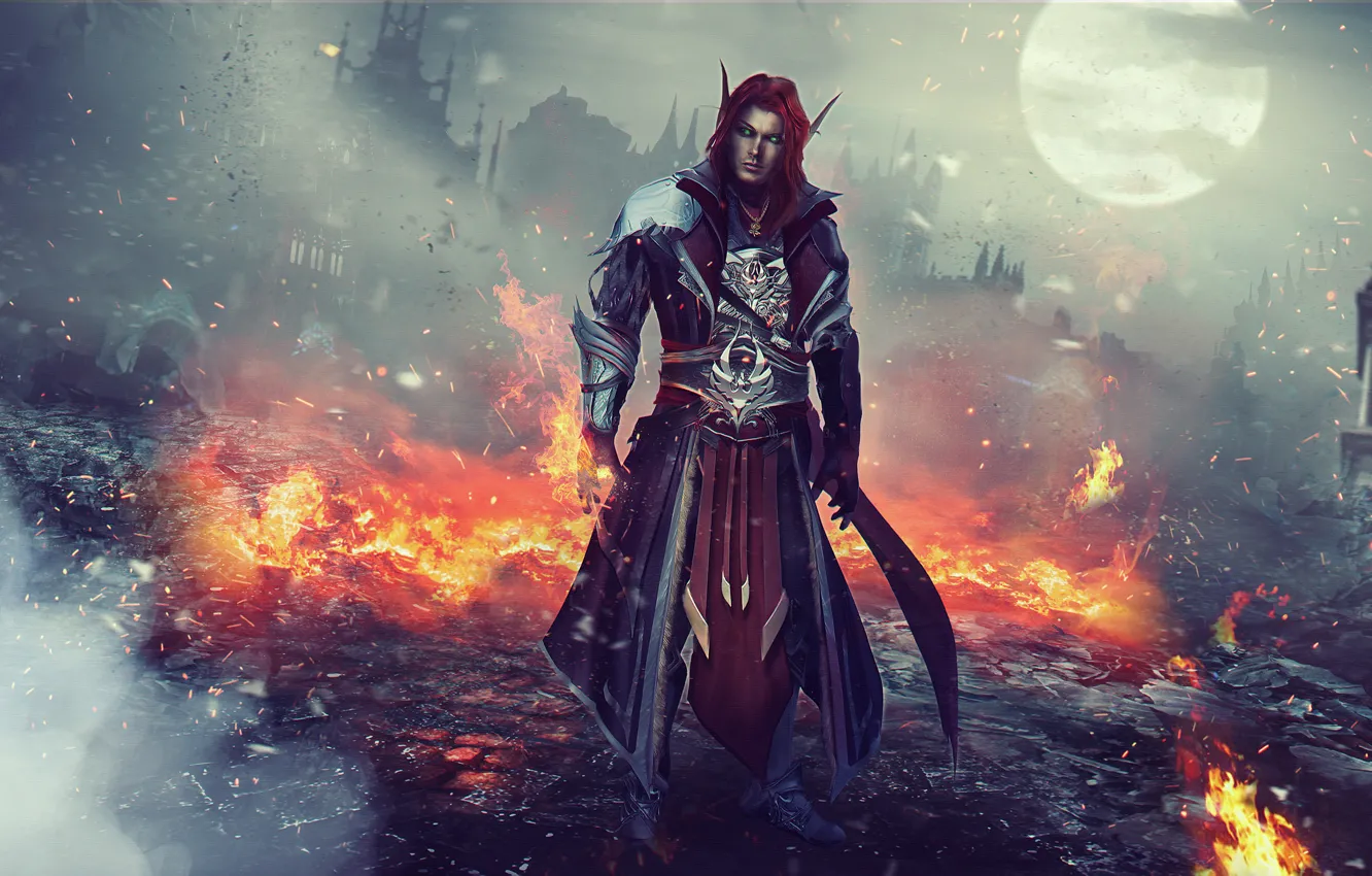 Фото обои огонь, эльф, рыжий, маг, мужчина, руины, World of Warcraft, Warcraft
