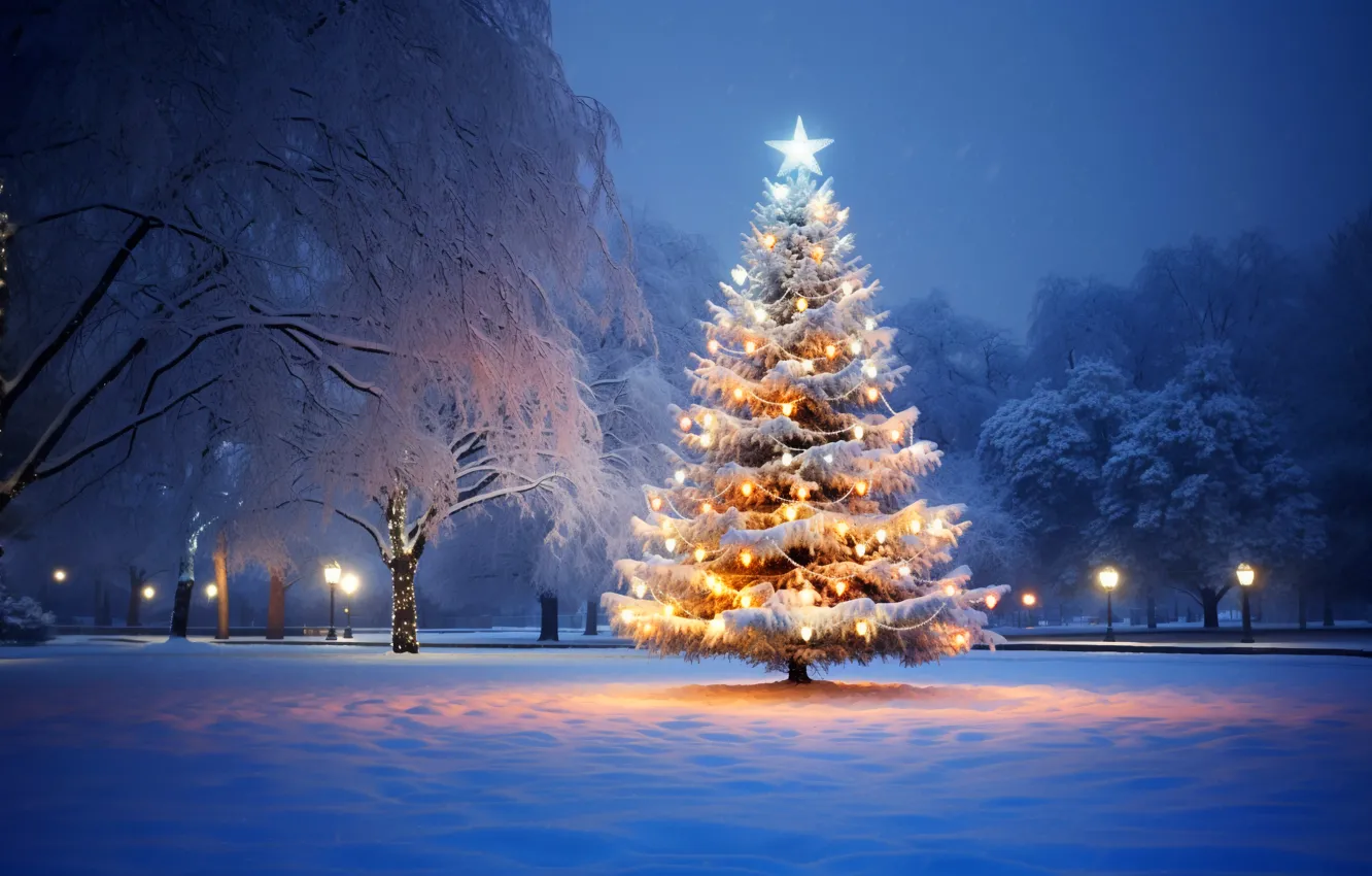 Фото обои зима, снег, украшения, ночь, шары, елка, Новый Год, Рождество