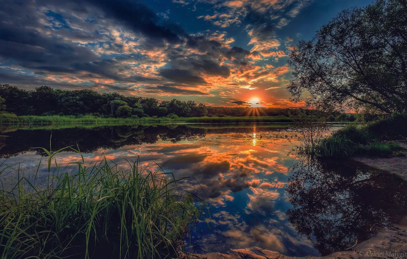 Фото обои небо, деревья, закат, река, Aleksei Malygin
