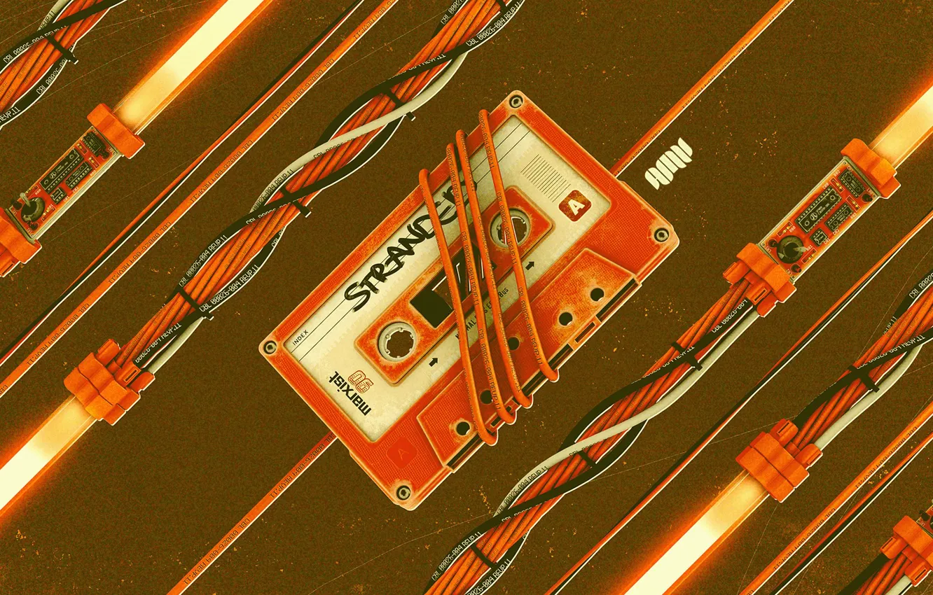 Фото обои оранжевый, провода, касета, аудио