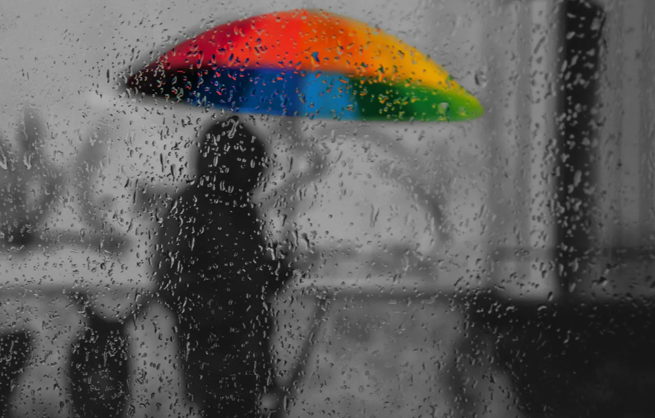 Фото обои грусть, осень, стекло, капли, дождь, краски, зонт