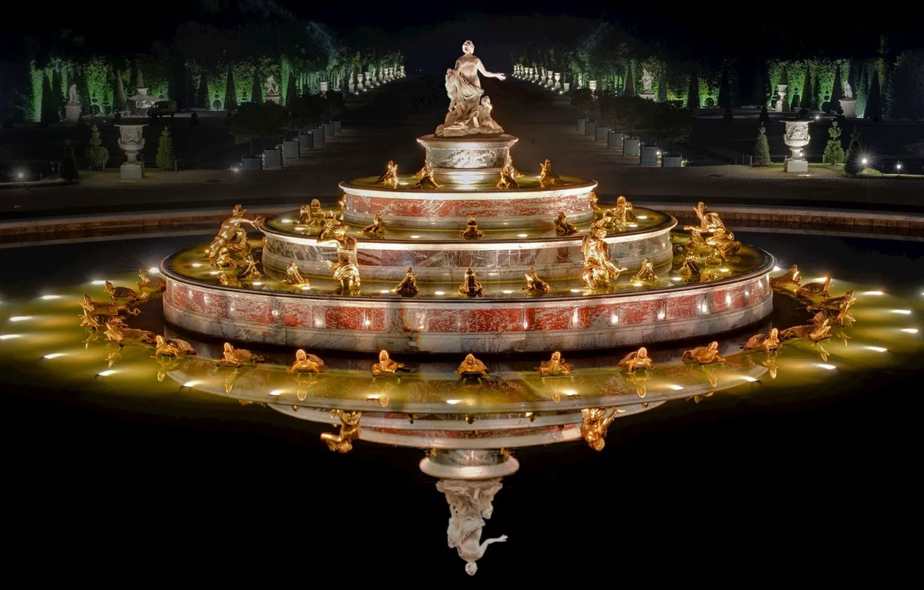 Фото обои ночь, огни, Франция, Версаль, сады, Фонтан Латона