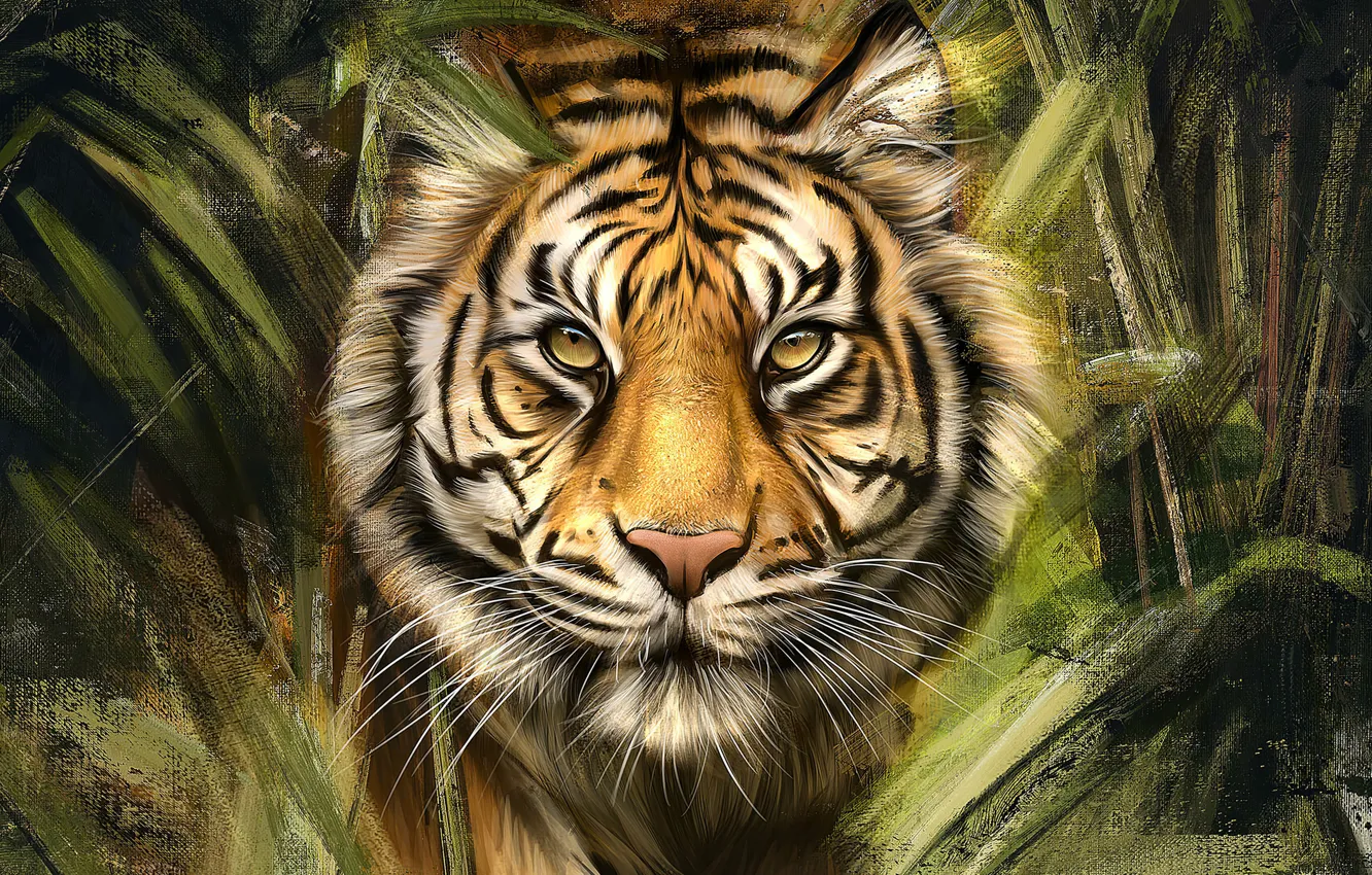 Фото обои tiger, eyes, art, pattern, painting, look