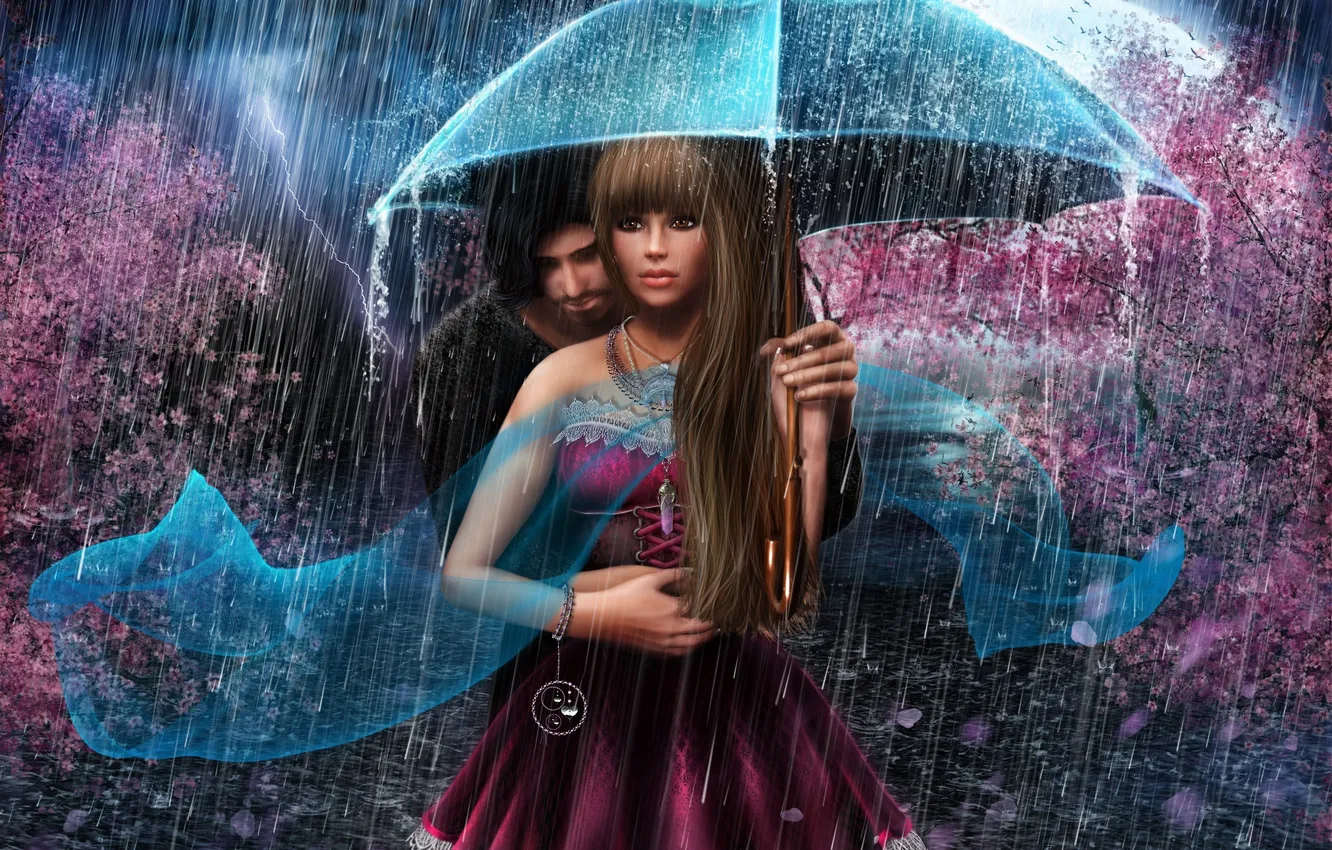 Фото обои девушка, дождь, романтика, молния, зонт, парень