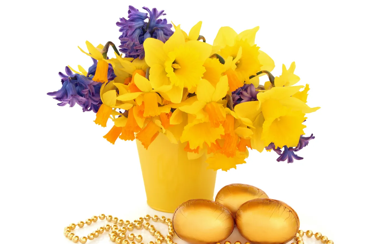 Фото обои цветы, корзина, flowers, нарциссы, spring, eggs, easter, bouquet