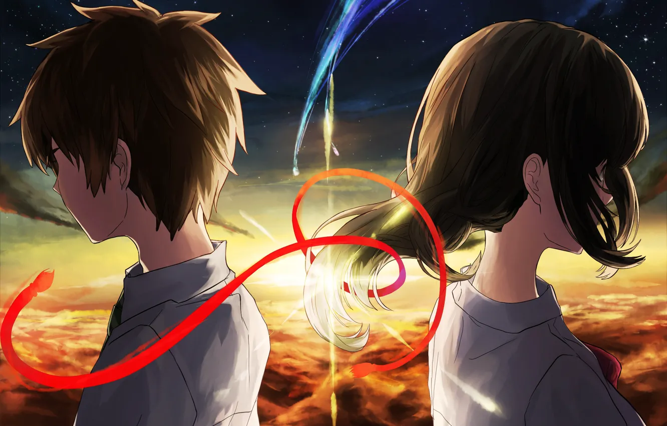 Фото обои небо, девушка, арт, парень, камета, Miyamizu Mitsuha, Tachibana Taki, Your Name
