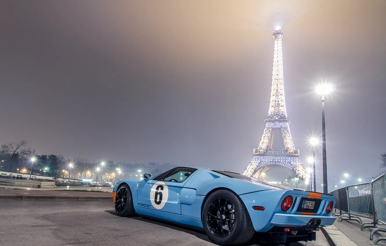 Фото обои голубой, Париж, Ford, фонари, light, Эйфелева башня, Paris, форд