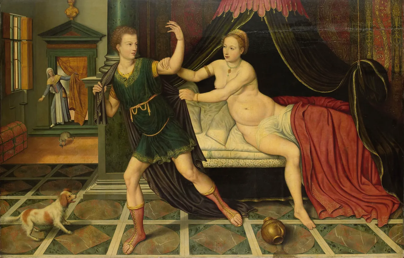 Фото обои масло, картина, мифология, 1575, Иосиф и жена Потифара