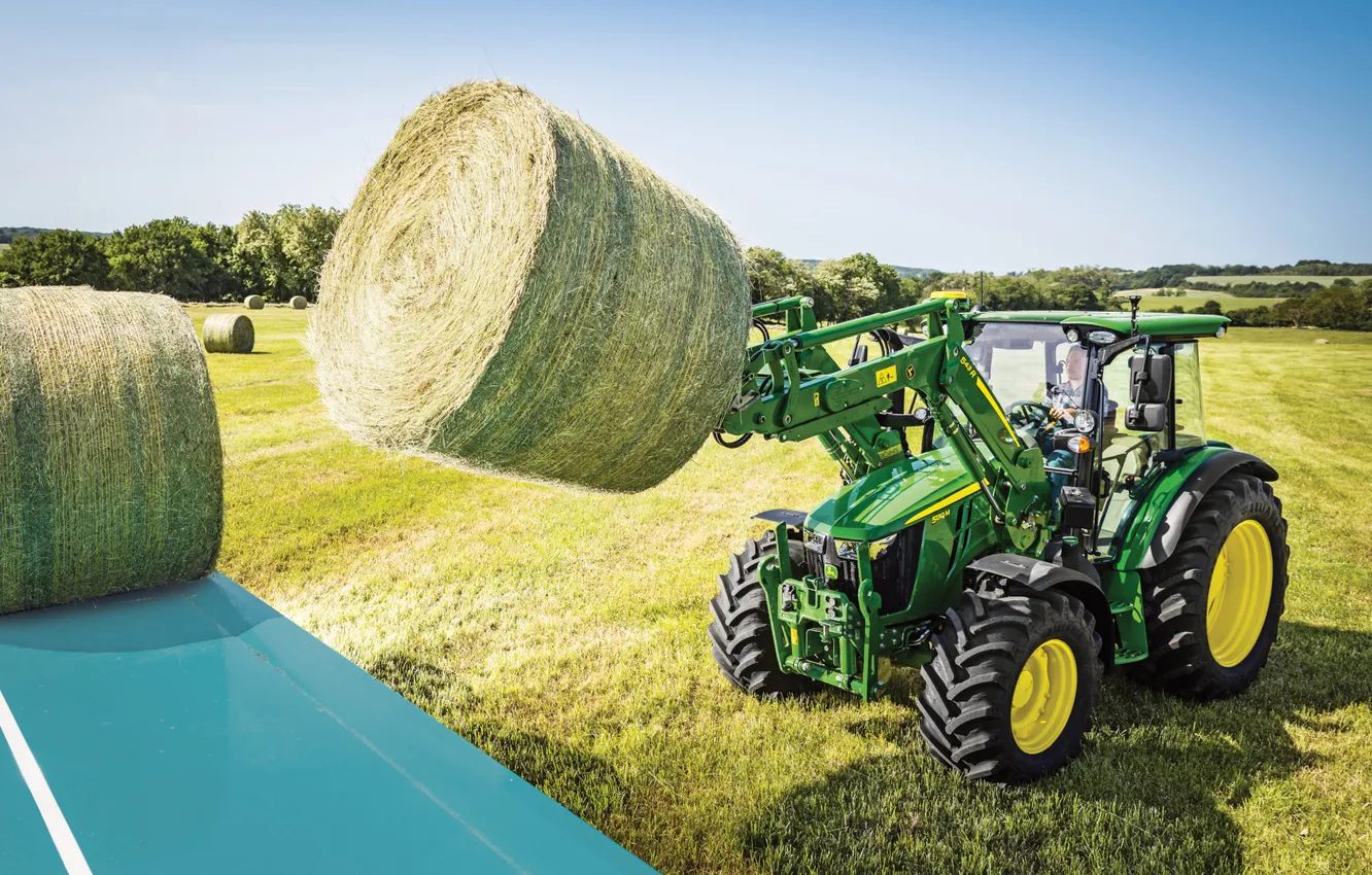 Фото обои поле, сено, трактор, уборка урожая, John Deere, погрузчик