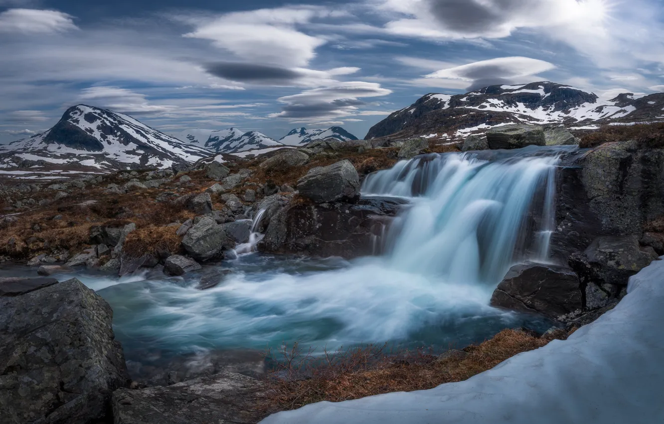 Фото обои горы, река, водопад, Норвегия, каскад, Norway, Скандинавские горы, Ютунхеймен