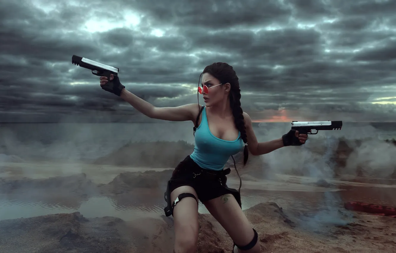 Фото обои guns, lara croft, tomb raider, cosplay, Кристина Финк, горячие источники, Kalinka Fox